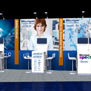This is the design for a trade show booth used at Embedded World 2015 in Nürnberg, Germany. At each table is a flatscreen display.